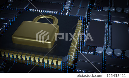 The Gold Lock on Chip for Technology or Security concept 3d Rendering. 123458411