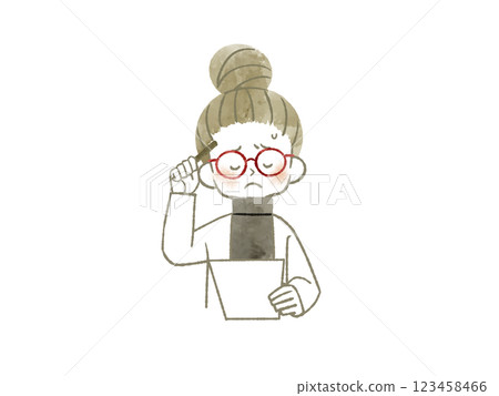 A woman holding a document and a pen and wondering about something - watercolor 123458466