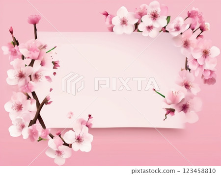 A frame of cherry blossoms arranged diagonally on a pink background A frame of cherry blossoms arranged diagonally on a pink background 123458810