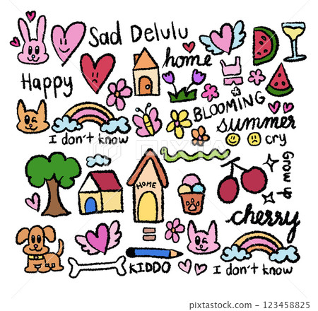 Hand drawn crayon illustrations of bunny, puppy, cat, heart, rainbow, home, watermelon, flower, butterfly, tree, cherry, pencil, bone, champagne glass for cartoon, characters, stickers, pet shop, icon 123458825