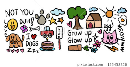 Hand drawn crayon illustrations of puppy, dog's paw, car, tree, house, cake, cat, sun, fried egg, flowers, cloud, star, heart for pet, cartoon character, kid drawing style, nature, garden, environment 123458826