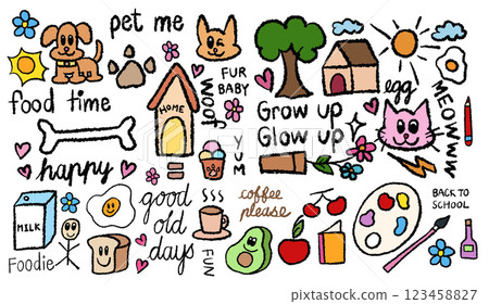 Hand drawn crayon illustrations of puppy, dog's paw, bone, milk, home, fried egg, tree, house, flowers, water colour, paint brush, avocado, apple, cherry, hot coffee cup, bread, stick man, sun, cloud 123458827