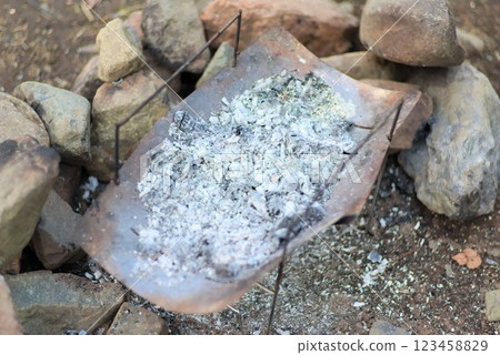 A camping scene with firewood burning in a bonfire and a lingering aftertaste A camping scene with firewood burning in a bonfire and a lingering aftertaste 123458829