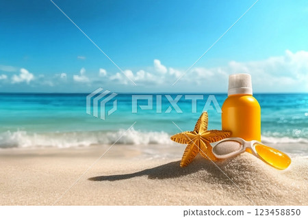 Sunblock Bottle on the tropical beach and sunshine 123458850