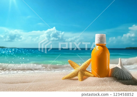 Sunblock Bottle on the tropical beach and sunshine Sunblock Bottle on the tropical beach and sunshine 123458852