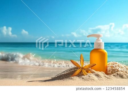 Sunblock Bottle on the tropical beach and sunshine 123458854