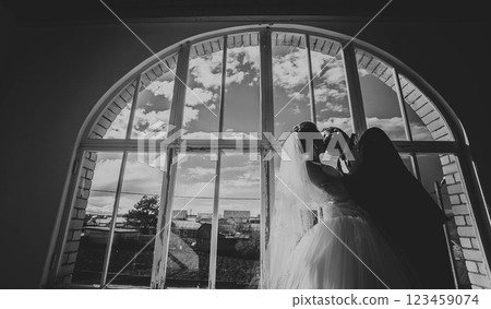 Bride and groom kissing against a semicircular window 123459074