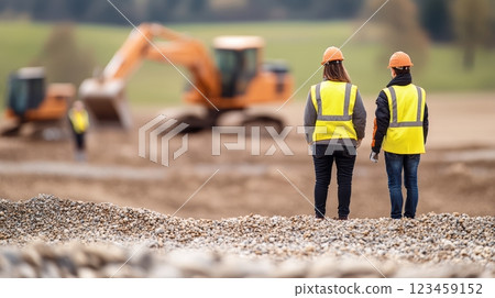 Construction workers observing excavation site with heavy machinery Construction workers observing excavation site with heavy machinery 123459152