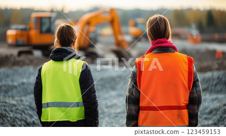 Two female construction workers in safety vests at a worksite Two female construction workers in safety vests at a worksite 123459153