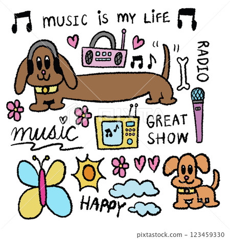 Hand drawn crayon illustrations of puppy, headphone, radio, microphone, bone, butterfly, sun, flower, TV, heart, music melody for cartoon characters, comic, cute patch, dog cartoon, animals, pet shop	 123459330