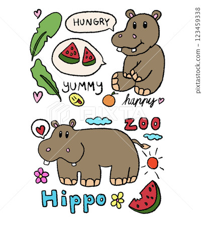 Hand drawn crayon illustrations of hippopotamus, watermelon, orange, green leaf, sun, loud, flowers, heart for animals, zoo, souvenir shop, cartoon character, mascot, cute patch, sticker, food, snack 123459338