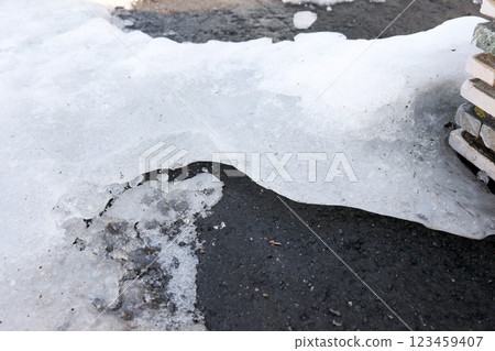 ice, melting snow, asphalt, ground, spring, snow country, northern country, ice breaking, road 123459407