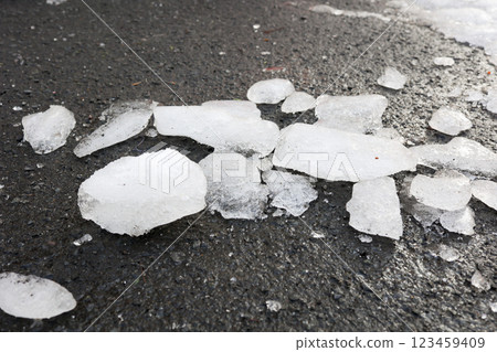 ice, melting snow, asphalt, ground, spring, snow country, northern country, ice breaking, road 123459409