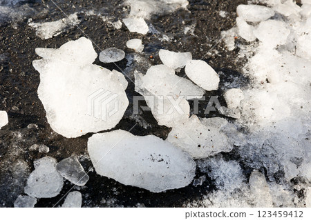 冰, 融雪, 瀝青, 地面, 春天, 雪國, 北國, 破冰, 道路 123459412