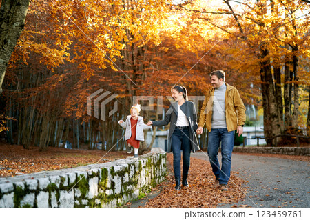 Little girl walks along a fence holding the hand of her mom walking with her dad holding hands in the park 123459761