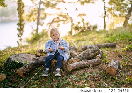 Little smiling girl with a blade of grass in her hands sits on a stump in a sunny meadow in the forest 123459886