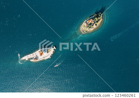 Island of Gospa od Skrpjela is opposite the island of St. George in the Bay of Kotor. Top view 123460261