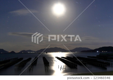 月光下的牡蠣儲存架和瀨戶群島 123460346