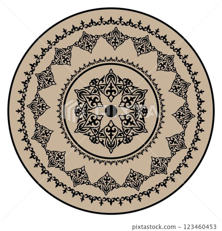 Vector Kyrgyz round ornament. Elements of ornament, motives of Turkic peoples, Kazakhs, Kyrgyz, Mongols. Islamic, Arabic, Indian, Ottoman motives. For plate, embroidery, sandblasting. Round frame. 123460453