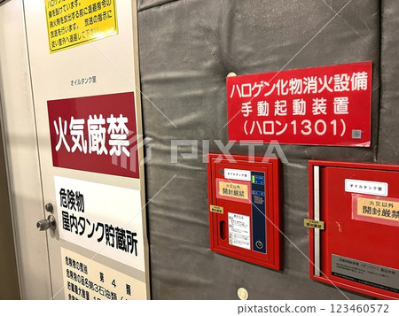 Open flames strictly prohibited Sign for indoor tank storage facility for hazardous materials Open flames strictly prohibited Sign for indoor tank storage facility for hazardous materials 123460572