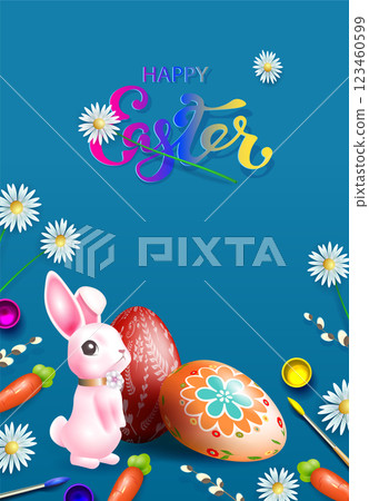 Easter blue card with cute bunny and painted eggs 123460599