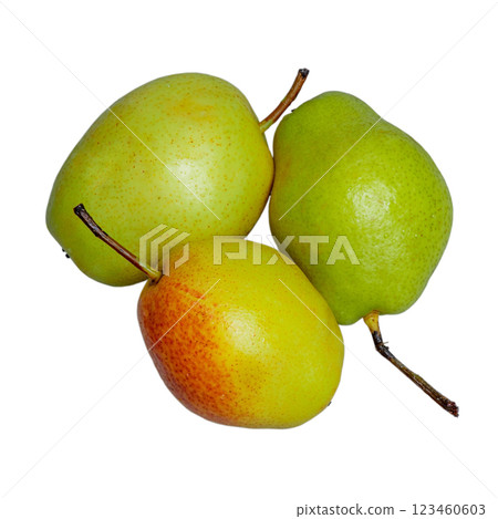 Three pears of green with red color isolate on a white background. Fruits, pears. 123460603