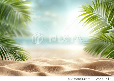 Beach background with sand and palm decoration. Summer photo of free space for your decoration. 123460618