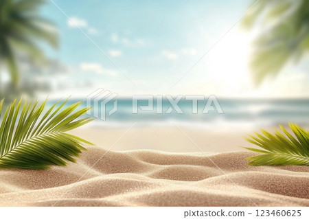 Beach background with sand and palm decoration. Summer photo of free space for your decoration. Beach background with sand and palm decoration. Summer photo of free space for your decoration. 123460625