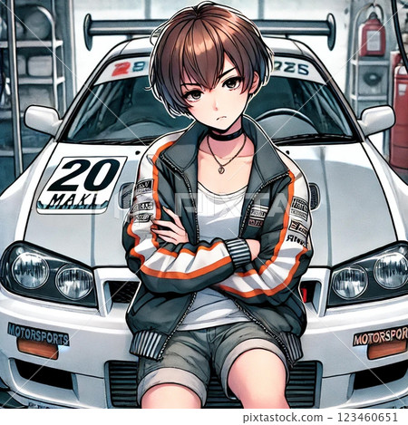 A girl thinking about settings in the garage 123460651