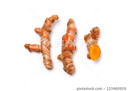 Dry Turmeric powder and turmeric root isolated on white background ,Top view 123460929