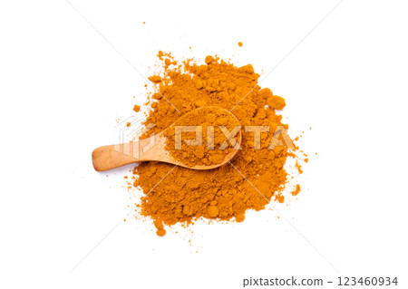 Dry Turmeric powder and turmeric root isolated on white background ,Top view Dry Turmeric powder and turmeric root isolated on white background ,Top view 123460934