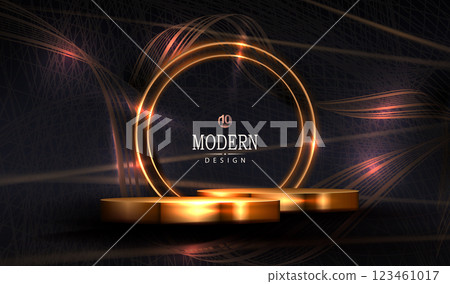 A wonderful composition with a golden podium, a round frame and wavy ribbons 123461017