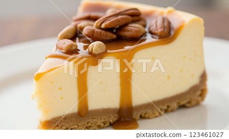 Pecan pie cheesecake with caramel sauce 123461027