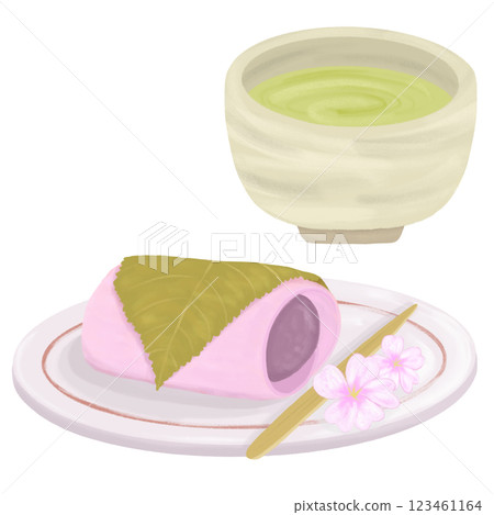 茶杯中的抹茶和盤子中的關東風格櫻花餅（長明寺），用櫻花和糖果切刀（牙籤）裝飾 123461164