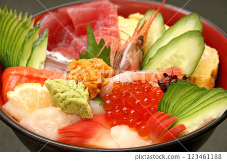 Seafood bowl sea urchin shrimp salmon roe tuna salmon scallop 123461188