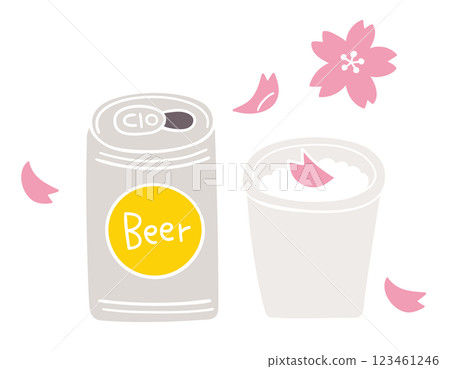 Canned beer and paper cup with floating cherry blossom petals / Cherry blossom viewing, party, spring / Hand-drawn vector illustration 123461246
