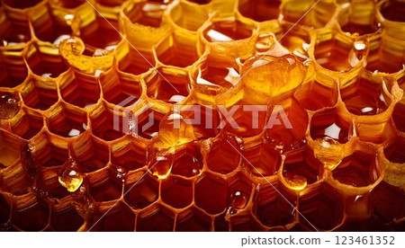 Beehive Honeycomb with Golden Amber Honey Drops, High-Resolution Macro Texture Featuring Symmetrical Hexagonal Patterns 123461352