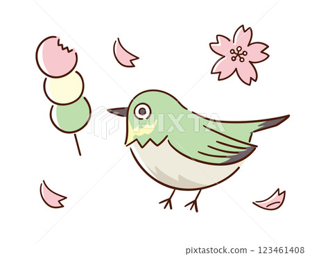 繡眼鳥、三色餃子和櫻花花瓣/春天的傳統/手繪向量線描插圖 123461408