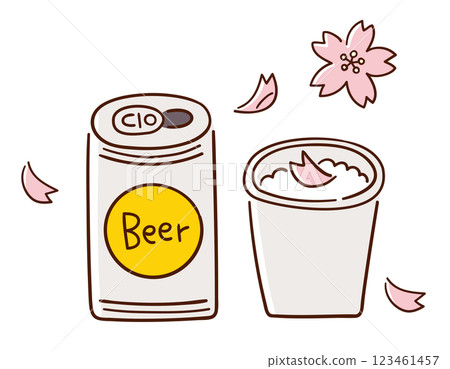 Paper cup of beer with floating cherry blossom petals / Cherry blossom viewing, banquet, spring / Hand-drawn vector line drawing illustration Paper cup of beer with floating cherry blossom petals / Cherry blossom viewing, banquet, spring / Hand-drawn vector line drawing illustration 123461457
