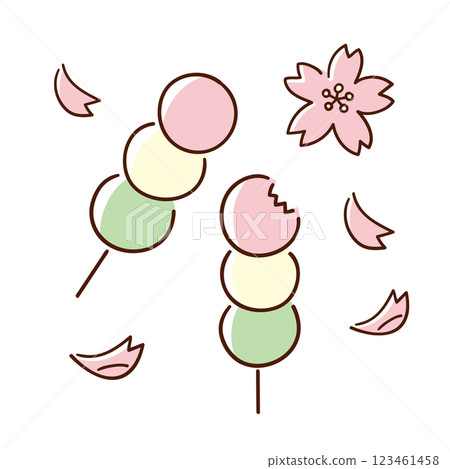 Three-colored dumplings and cherry blossom petals / A symbol of spring / Hand-drawn vector line drawing illustration 123461458