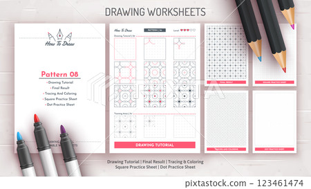 How to Draw a Pattern. Step by Step Drawing Tutorial. Draw Guide Worksheet. Simple Instruction for Kids and Adults. Vector eps 10. How to Draw a Pattern. Step by Step Drawing Tutorial. Draw Guide Worksheet. Simple Instruction for Kids and Adults. Vector eps 10. 123461474