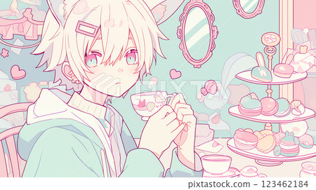 A boy with animal ears drinking tea AI 123462184