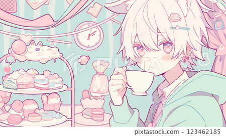 A boy with animal ears drinking tea AI 123462185