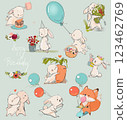 Cute Birthday cartoon hares set with elements 123462769