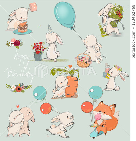 Cute Birthday cartoon hares set with elements 123462769