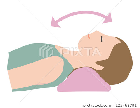 Illustration of a woman lying on a stretching pillow and stretching her neck 123462791