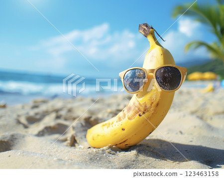 A beautiful tropical beach and a banana wearing sunglasses AI image 123463158
