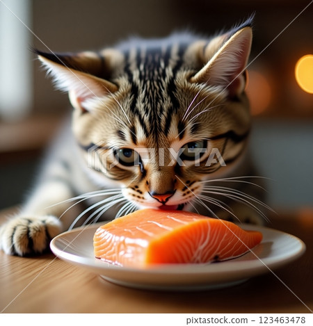 Kitten makes a dissatisfied face at salmon 123463478