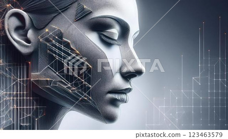 A 3DCG illustration of a woman's profile with geometric patterns embedded as texture, evoking the fusion of AI and humans 123463579