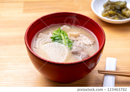 Turnip and pork miso soup 123463782
